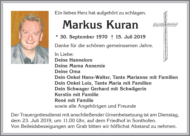  Traueranzeige für Markus Kuran vom 19.07.2019 aus Allgäuer Anzeigeblatt