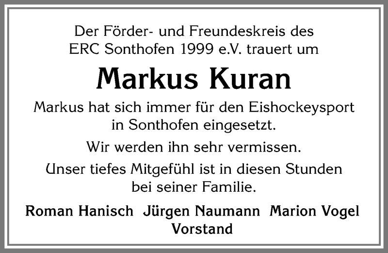  Traueranzeige für Markus Kuran vom 20.07.2019 aus Allgäuer Anzeigeblatt