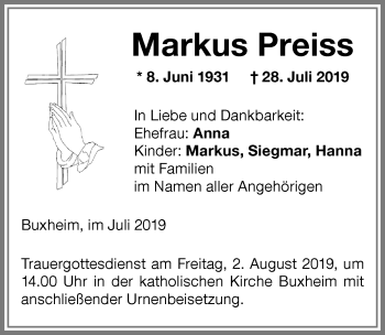 Traueranzeige von Markus Preiss von Memminger Zeitung