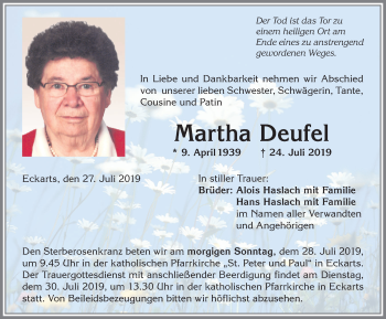 Traueranzeige von Martha Deufel von Allgäuer Anzeigeblatt
