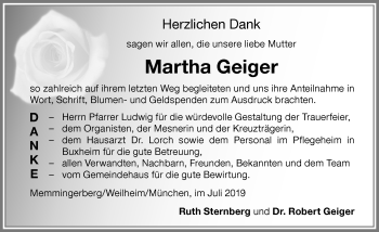 Traueranzeige von Martha Geiger von Memminger Zeitung