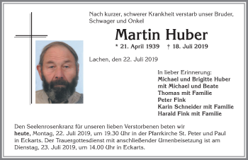 Traueranzeige von Martin Huber von Allgäuer Anzeigeblatt
