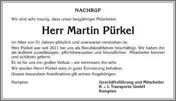 Traueranzeige von Martin Pürkel von Allgäuer Zeitung,Kempten