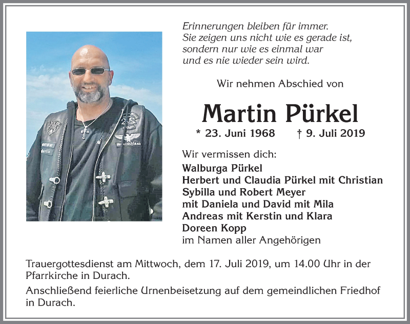  Traueranzeige für Martin Pürkel vom 15.07.2019 aus Allgäuer Zeitung,Kempten