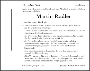 Traueranzeige von Martin Rädler von Der Westallgäuer