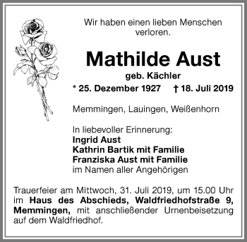 Traueranzeige von Mathilde Aust von Memminger Zeitung