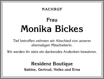 Traueranzeige von Monika Bickes von Allgäuer Zeitung,Kempten