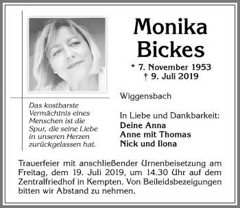 Traueranzeige von Monika Bickes von Allgäuer Zeitung,Kempten