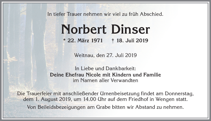  Traueranzeige für Norbert Dinser vom 27.07.2019 aus Allgäuer Zeitung,Kempten