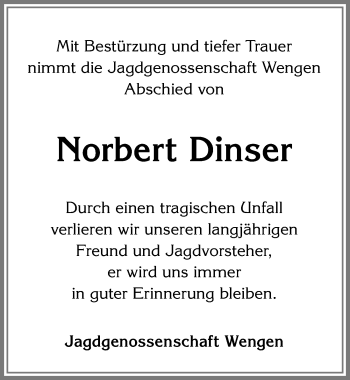 Traueranzeige von Norbert Dinser von Allgäuer Zeitung,Kempten