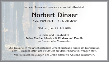 Traueranzeige von Norbert Dinser von Allgäuer Zeitung,Kempten