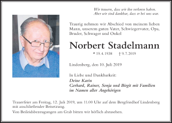 Traueranzeige von Norbert Stadelmann von Der Westallgäuer
