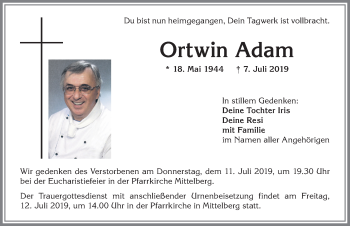 Traueranzeige von Ortwin Adam von Allgäuer Anzeigeblatt