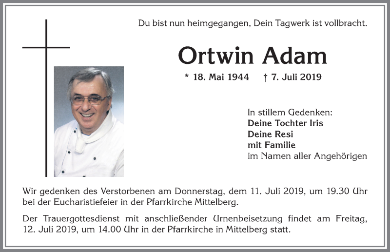  Traueranzeige für Ortwin Adam vom 11.07.2019 aus Allgäuer Anzeigeblatt