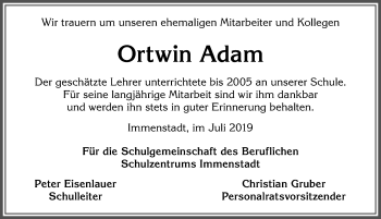 Traueranzeige von Ortwin Adam von Allgäuer Anzeigeblatt