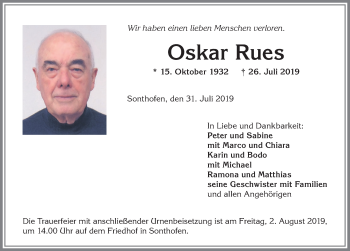 Traueranzeige von Oskar Rues von Allgäuer Anzeigeblatt