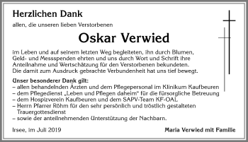 Traueranzeige von Oskar Verwied von Allgäuer Zeitung, Kaufbeuren/Buchloe