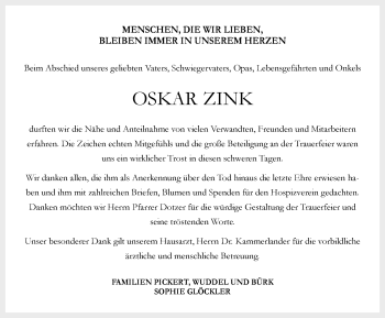 Traueranzeige von Oskar Zink von Allgäuer Zeitung,Kempten