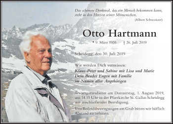 Traueranzeige von Otto Hartmann von Der Westallgäuer