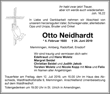 Traueranzeige von Otto Neidhardt von Memminger Zeitung
