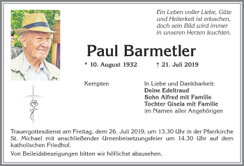 Traueranzeige von Paul Barmetler von Allgäuer Zeitung,Kempten