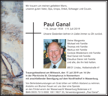 Traueranzeige von Paul Ganal von Der Westallgäuer