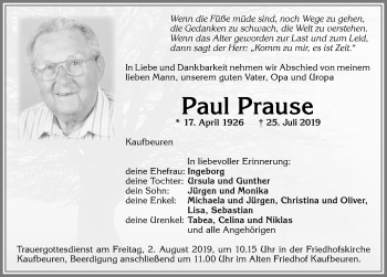 Traueranzeige von Paul Prause von Allgäuer Zeitung, Kaufbeuren/Buchloe
