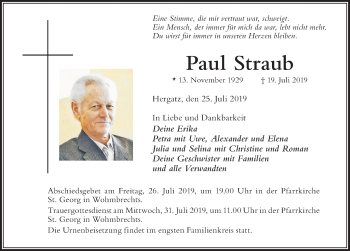 Traueranzeige von Paul Straub von Der Westallgäuer