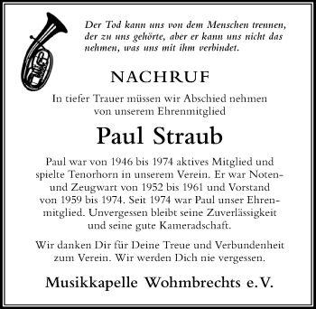 Traueranzeige von Paul Straub von Der Westallgäuer