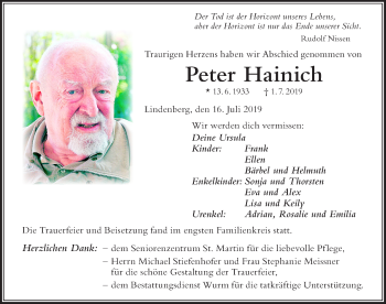 Traueranzeige von Peter Hainich von Der Westallgäuer