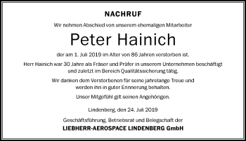Traueranzeige von Peter Hainich von Der Westallgäuer
