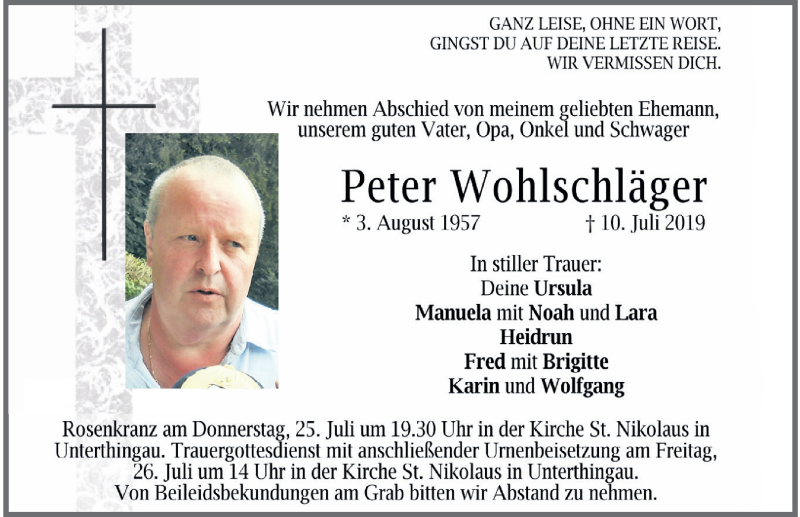  Traueranzeige für Peter Wohlschläger vom 24.07.2019 aus Allgäuer Zeitung, Marktoberdorf
