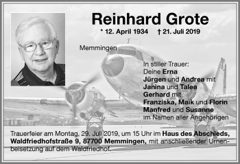 Traueranzeige von Reinhard Grote von Memminger Zeitung