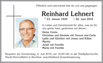 Traueranzeige von Reinhard Lehnert von Allgäuer Zeitung, Kaufbeuren/Buchloe