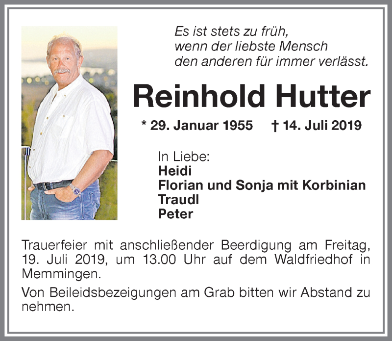  Traueranzeige für Reinhold Hutter vom 17.07.2019 aus Memminger Zeitung