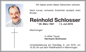 Traueranzeige von Reinhold Schlosser von Memminger Zeitung