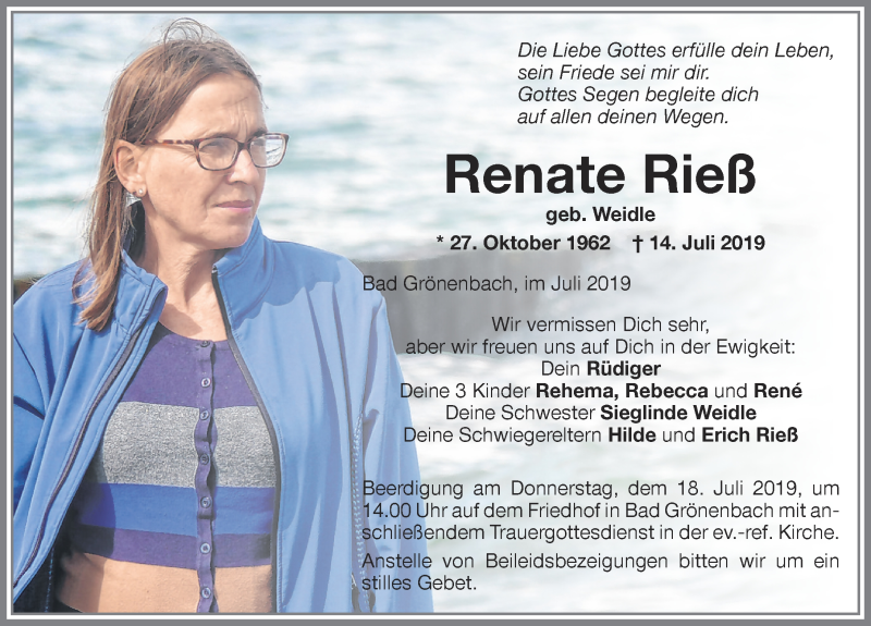  Traueranzeige für Renate Rieß vom 16.07.2019 aus Memminger Zeitung