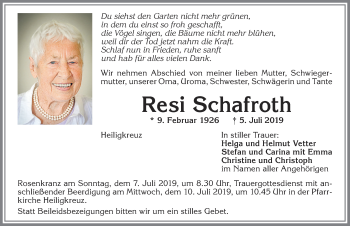 Traueranzeige von Resi Schafroth von Allgäuer Zeitung,Kempten
