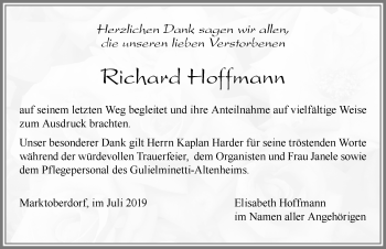 Traueranzeige von Richard Hoffmann von Allgäuer Zeitung, Marktoberdorf