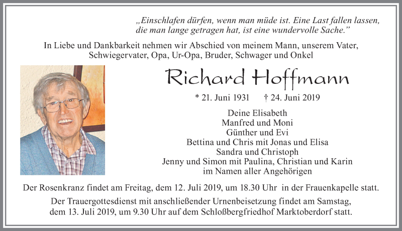  Traueranzeige für Richard Hoffmann vom 10.07.2019 aus Allgäuer Zeitung, Marktoberdorf