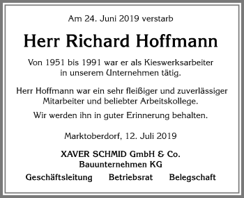 Traueranzeige von Richard Hoffmann von Allgäuer Zeitung, Marktoberdorf