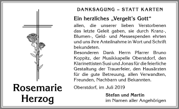 Traueranzeige von Rosemarie Herzog von Allgäuer Anzeigeblatt