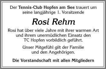 Traueranzeige von Rosi Rehm von Allgäuer Zeitung, Füssen