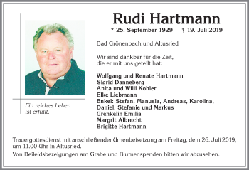 Traueranzeige von Rudi Hartmann von Allgäuer Zeitung