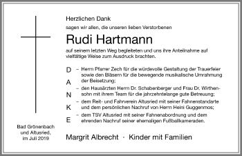 Traueranzeige von Rudi Hartmann von Allgäuer Zeitung,Kempten