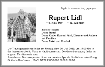 Traueranzeige von Rupert Lidl von Allgäuer Zeitung, Kaufbeuren/Buchloe