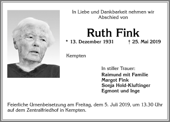 Traueranzeige von Ruth Fink von Allgäuer Zeitung,Kempten