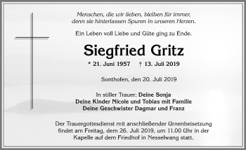 Traueranzeige von Siegfried Gritz von Allgäuer Zeitung