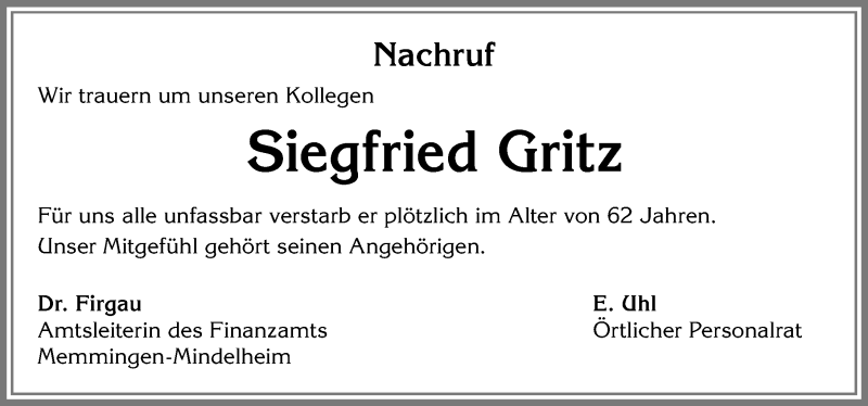  Traueranzeige für Siegfried Gritz vom 24.07.2019 aus Allgäuer Anzeigeblatt