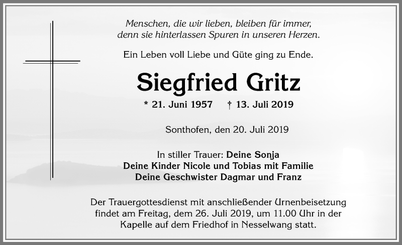  Traueranzeige für Siegfried Gritz vom 20.07.2019 aus Allgäuer Zeitung